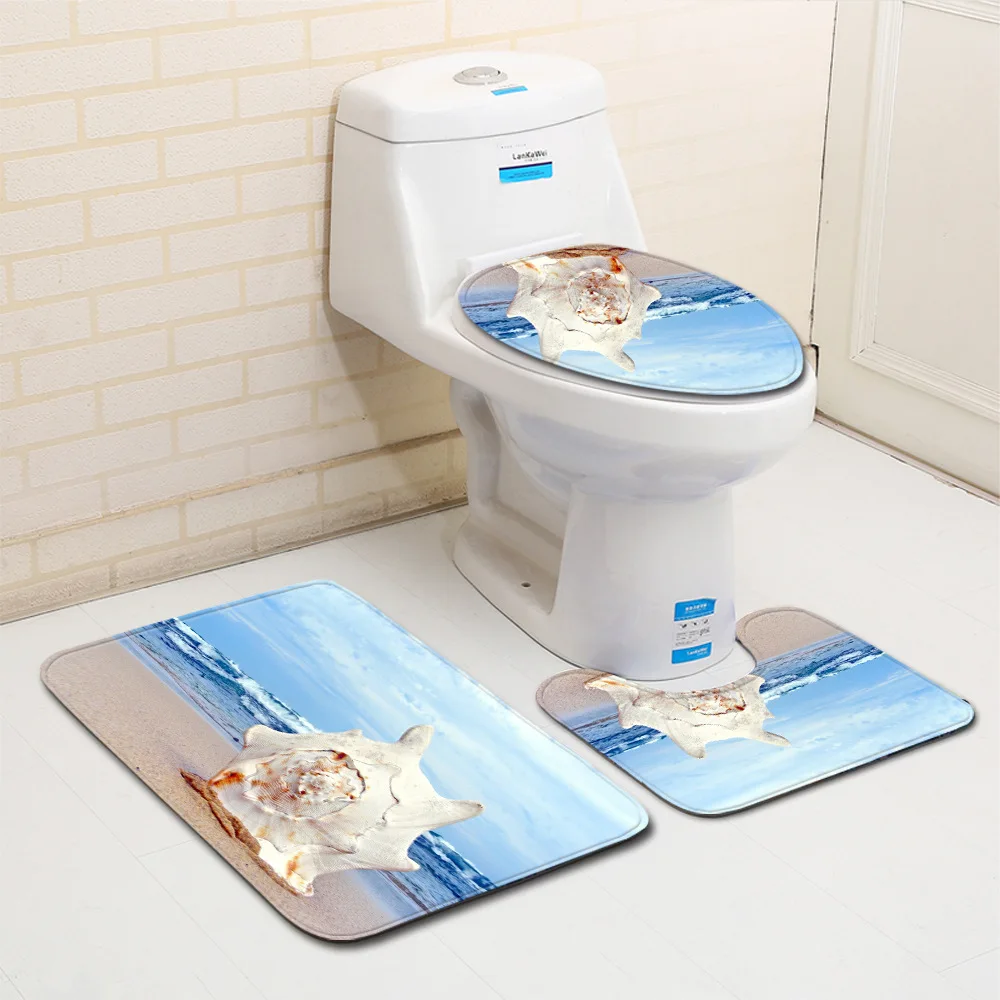 3 Piece Set Beach Shells Floor Mat Door Mat Bathroom Carpet Bathroom Carpets Toilet Seat Cover Floor Mat Bathroom Decor