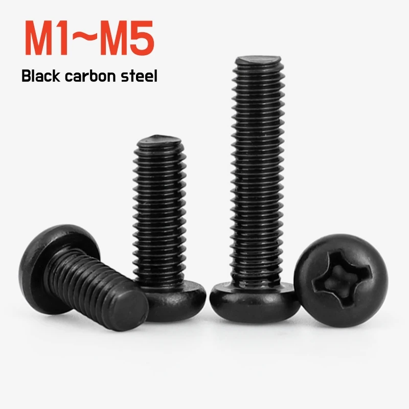 30-500pcs M1 M1.2 M1.4 M1.6 M1.7 M2 M2.5 M3 M3.5 M4 M5 Black Carbon Steel mini Cross Round Pan Head Bolt Phillips Screw DIN7985