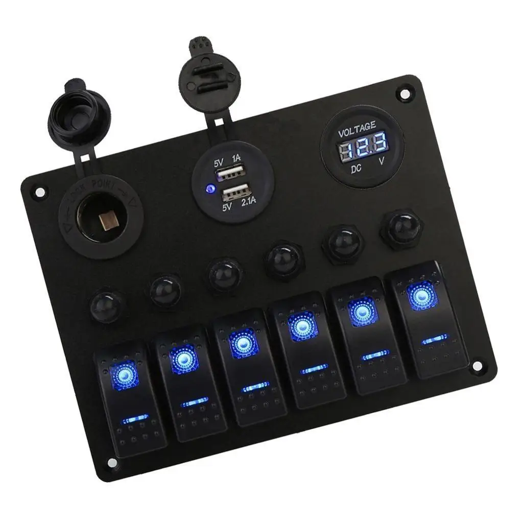 6 Gang Rocker Switch Panel for RV Marine Boat Waterproof Digital Voltmeter USB Ports 12V Outlet LED Rocker Switch Panel