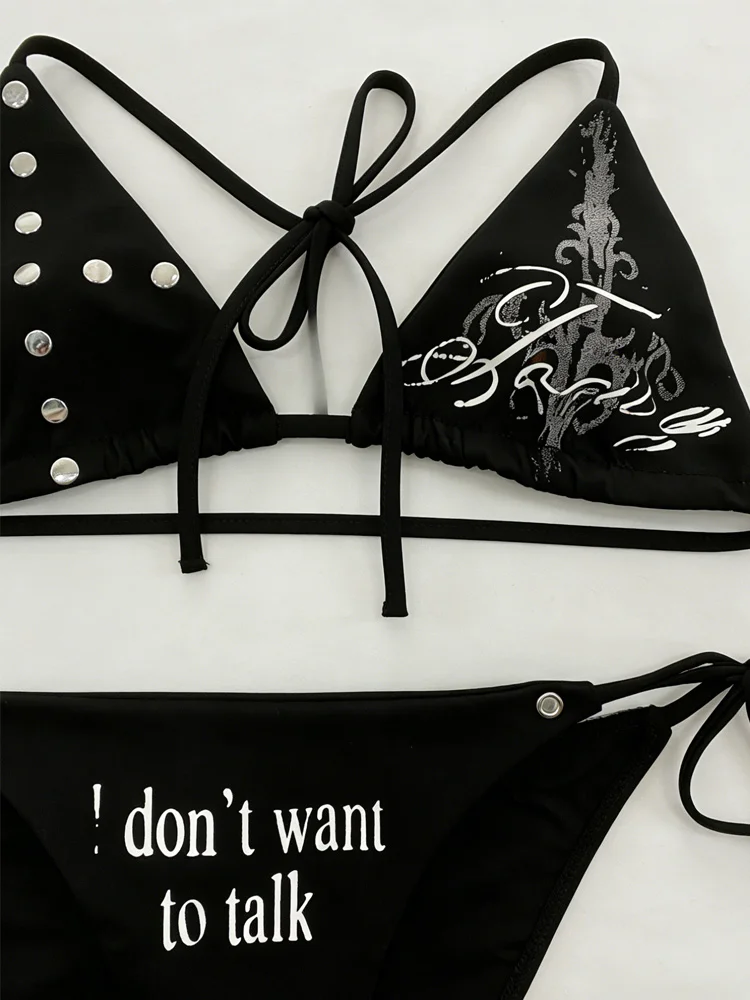 Gothic Fashion Willow Nail Print Decoration Summer Women's Clothing Sweet Cool Sexy Bikini Set Swimsuit Slim Fit Retro 2000s Y2K