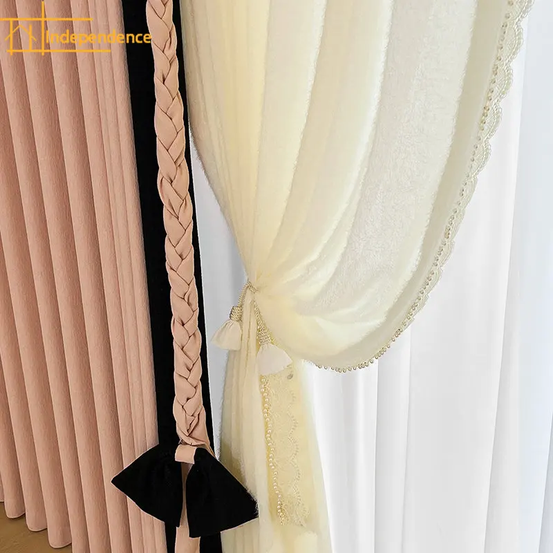 

New Pink Jacquard Thickened Fried Dough Twists Braid Decorative Stitching Blackout Curtains for Living Room Bedroom Customized