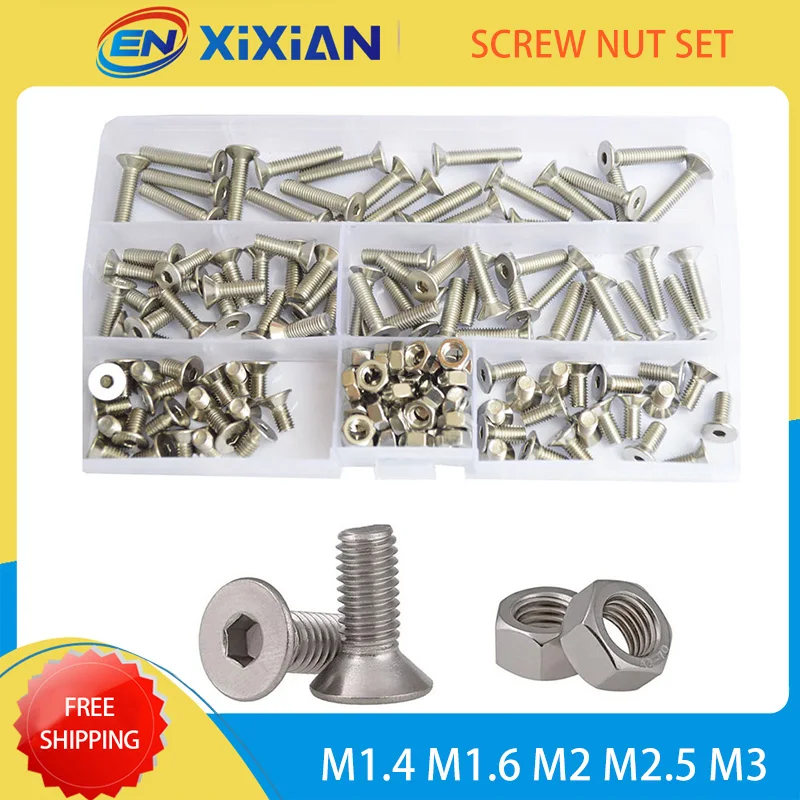 

M1.4 M1.6 M2.5 M3 Bolt 304 Stainless Steel Hex Socket Round Cap Head Countersunk Machine Screw Set Metric Thread Assortment Kit