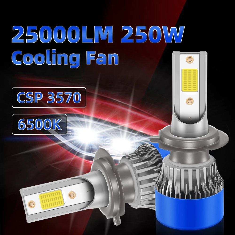 

2PCS/SET 250W H7 Led Headlight Bulb Cooling Turbo Fan Headlamps 6500K White Super Bright Headlights Auto Lamps
