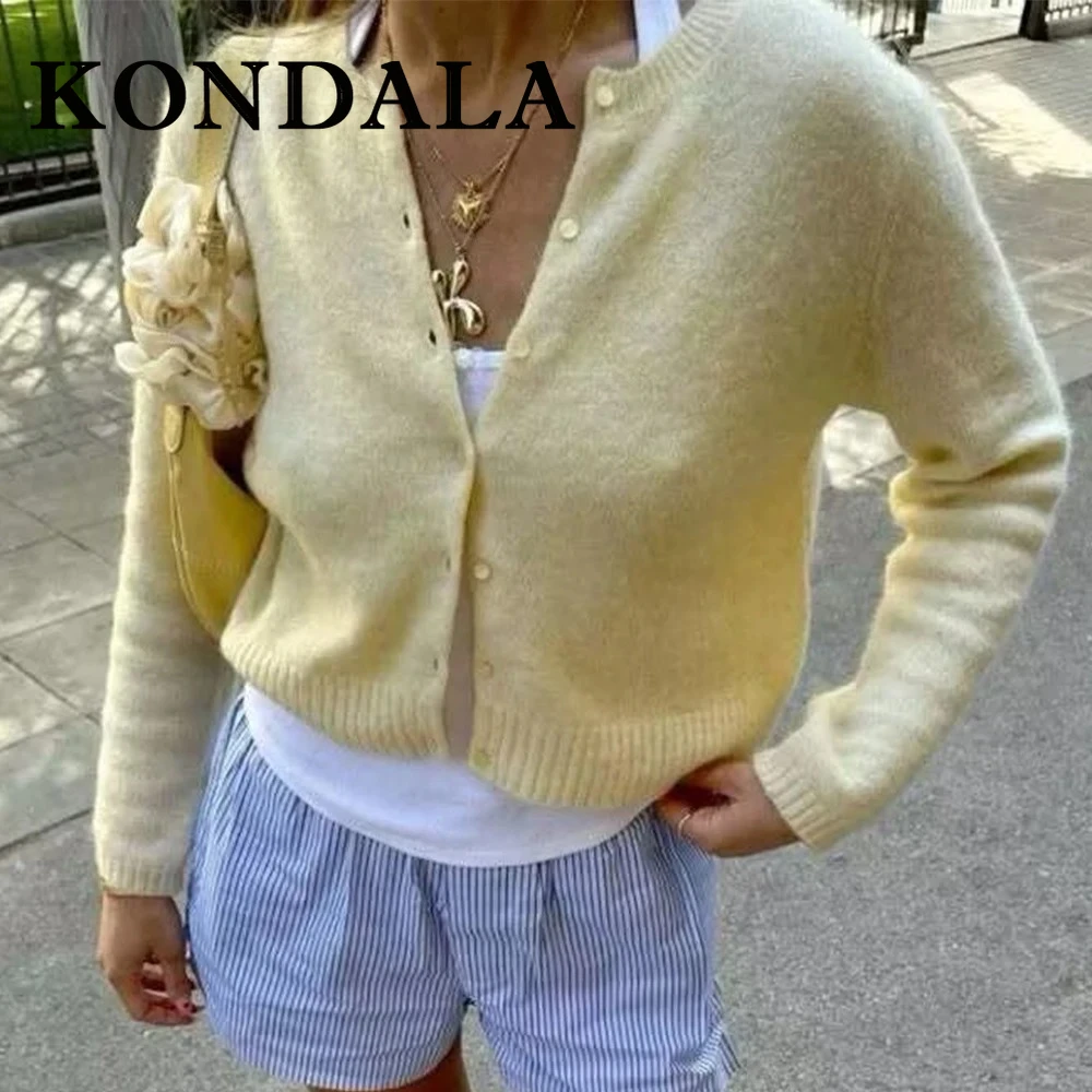 KONDALA Chic Yellow Y2K Casual Long Sleeve Woman Knitwear Fashion 2025 Autumn O-Neck Single Breasted Streetwear Mujer Sweaters