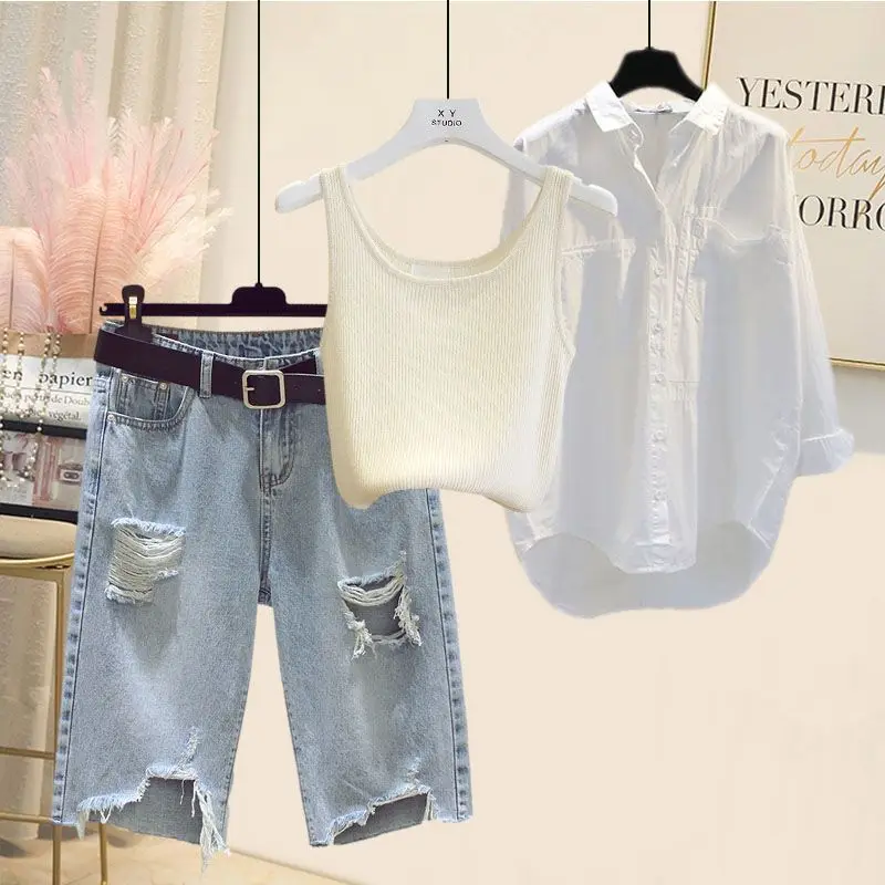 Spring and Summer Suit Women's 2023 New Western-style Shirt Tank Top Slim and Versatile Denim Shorts Three-piece Set