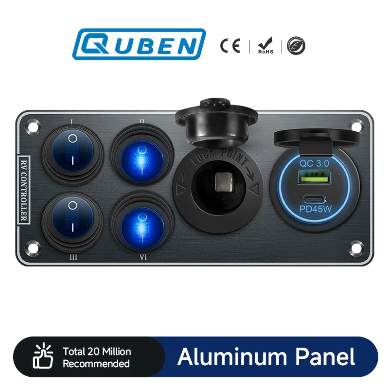 USB QC3.0 / PD Multi-Functions Aluminum Panel 12V 24V Cigarette Lighter Socket for RV Round Rocker Switch for Yacht Travel