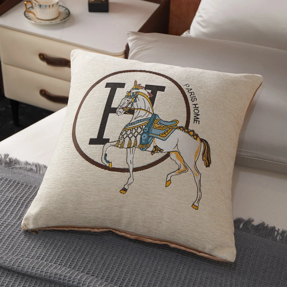 45x45cm Horse Embroidered Jacquard Chenille Cushion Cover Soft Decorative Letter Pillowcase For Home Office Sofa Car Living Room