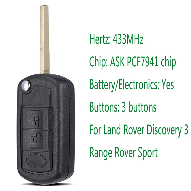 Guscio chiave auto sostitutivo a 3 pulsanti compatibile con Land Rover Discovery 3 Ra-nge Ro-Ver Sport (chip PCF7941 da 433 MHz)