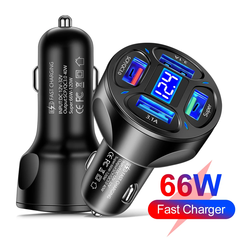 66W Display Voltage Car Charger 4 Ports USB Fast Charging Quick Charge 3.0 USB Cigarette Lighter Plug For iPhone Xiaomi Huawei