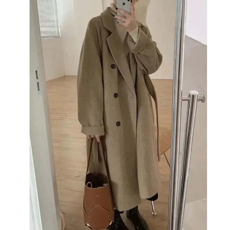 

Женское шерстяное пальто средней длины, повседневное свободное пальто в студенческом стиле, осень-зима, Новое поступление