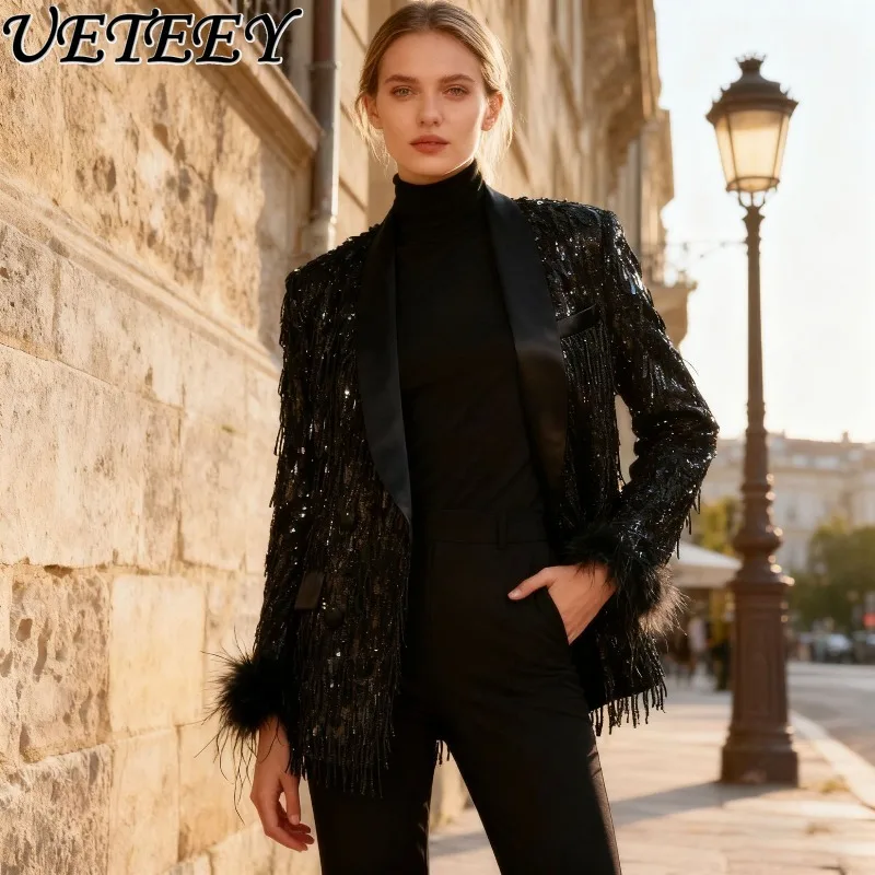 

European and American Style Street Fashion Blazer Coat Autumn New Elegant Tassel Patchwork Design Suit Jacket for Women