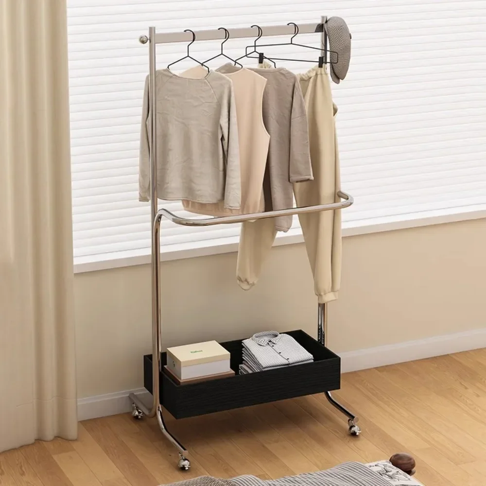 Minimalist Stainless Steel Clothes Rack With Basket Wheels Stylish Wardrobe Organizer Portable Home Furniture Bedroom Storage