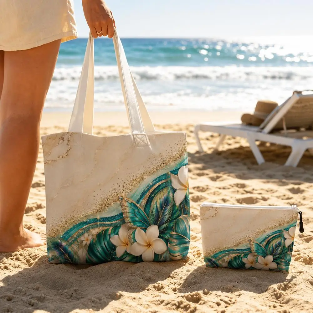 Elegant Marble Feather Storage Bags 2-Piece Double-Sided Printed Canvas Tote Bag Set with Zipper Shopping Shoulder Bags Handbags