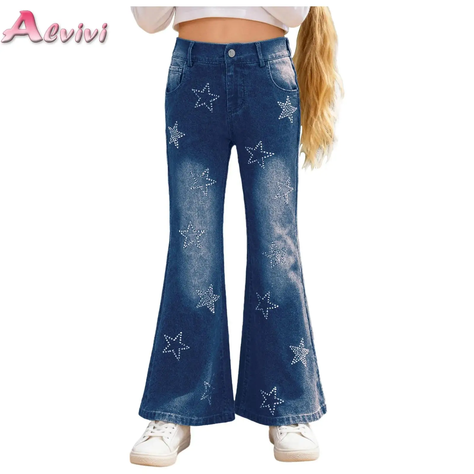 

Kid Girls Shiny Rhinestone Star Flared Jeans Elastic Waist Zipper Fly Bell-Bottom Denim Pants Fashion Streetwear 6 8 10 12 14 16