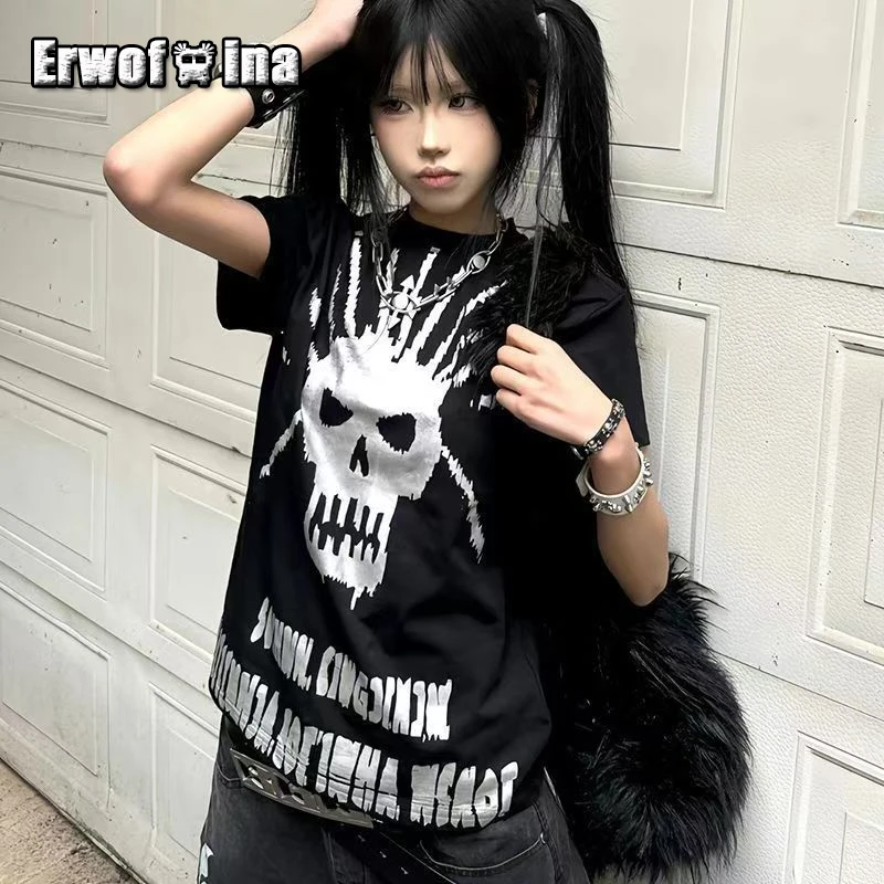 

Erwofeina Американские Ретро Графические Футболки Черепа Принт Короткий Рукав 2000s Одежда Y2k Панк Стиль Свободная Футболка Гранж Шикарный Женский Топ