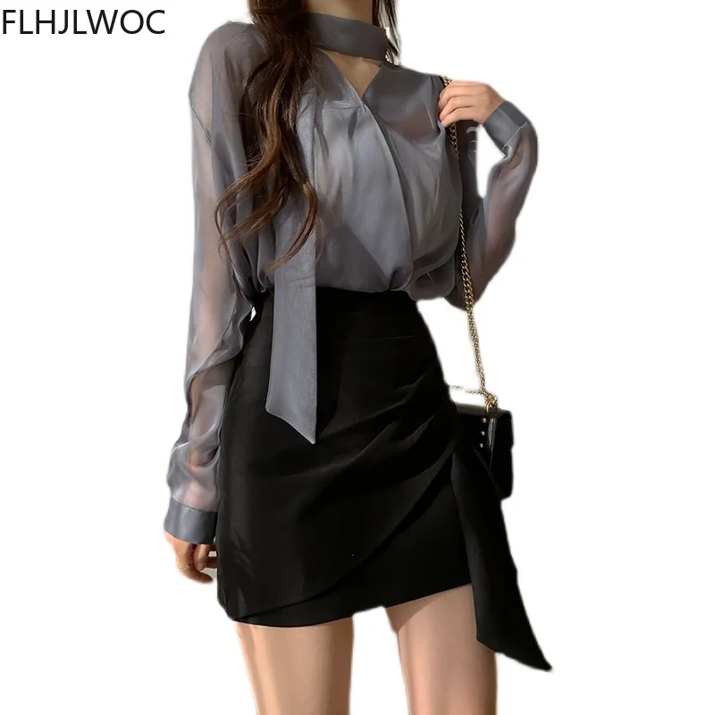 Flhjlwoc-Blusas rosas de Corea para mujer, Blusas elegantes con lazo para oficina, Blusas transparentes finas con botones