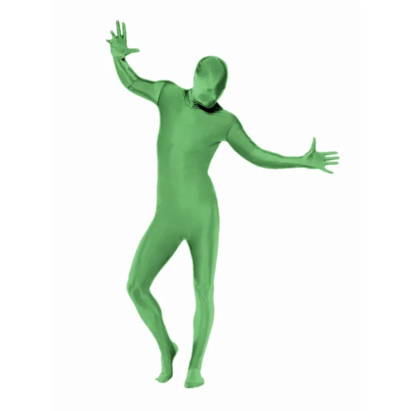 Adult Full Face Hooded Leotard Child High Stretch Green Stage Performance Zipper Costume Halloween Invisible Man Dress Up Costum