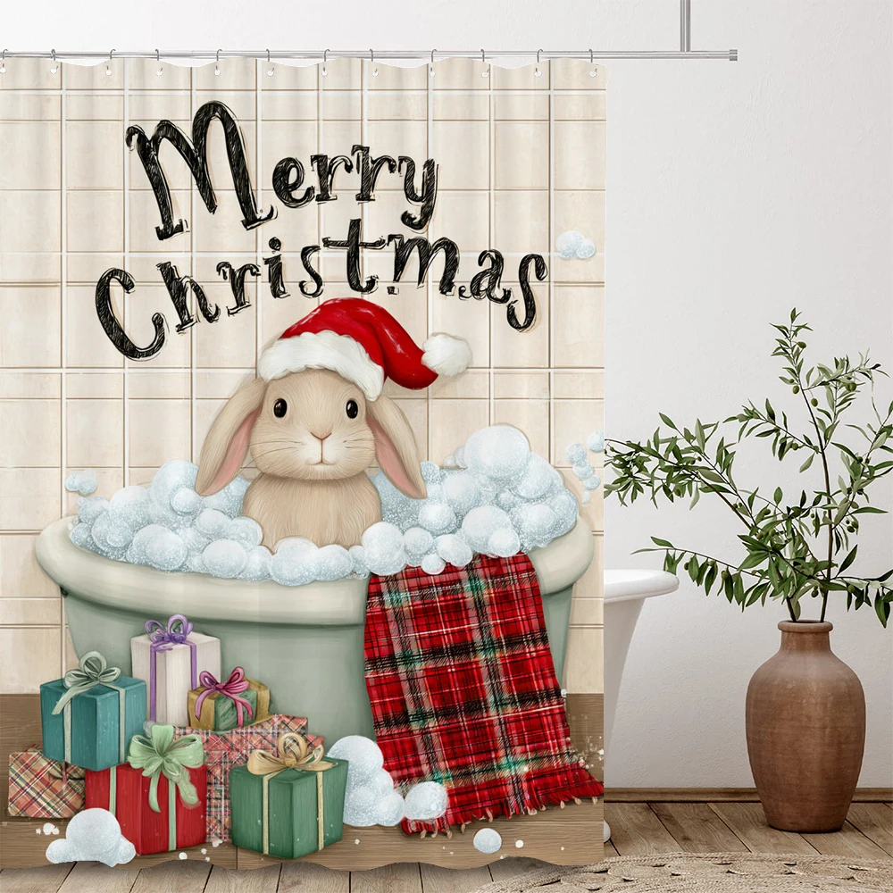 

Merry Christmas Shower Curtain, Bathroom Decorative Christmas Shower Curtain, Waterproof Shower Curtain with Hooks