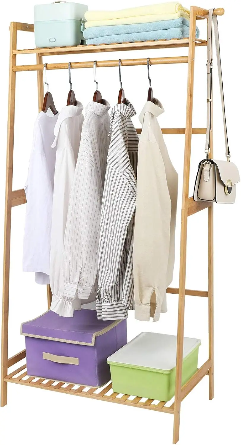 

Bamboo Clothes Hanging Rack with 2 Tier Storage Shelves and 2 Coat Hooks Portable Laundry Rack Cloest Organizer Garment Rack