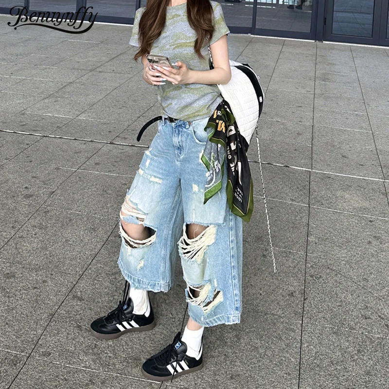 

Benuynffy High Street Do old Washed Ripped Jeans Women's Summer 2025 New Y2k Bf Style High Waist Casual Wide Leg Cropped Pants