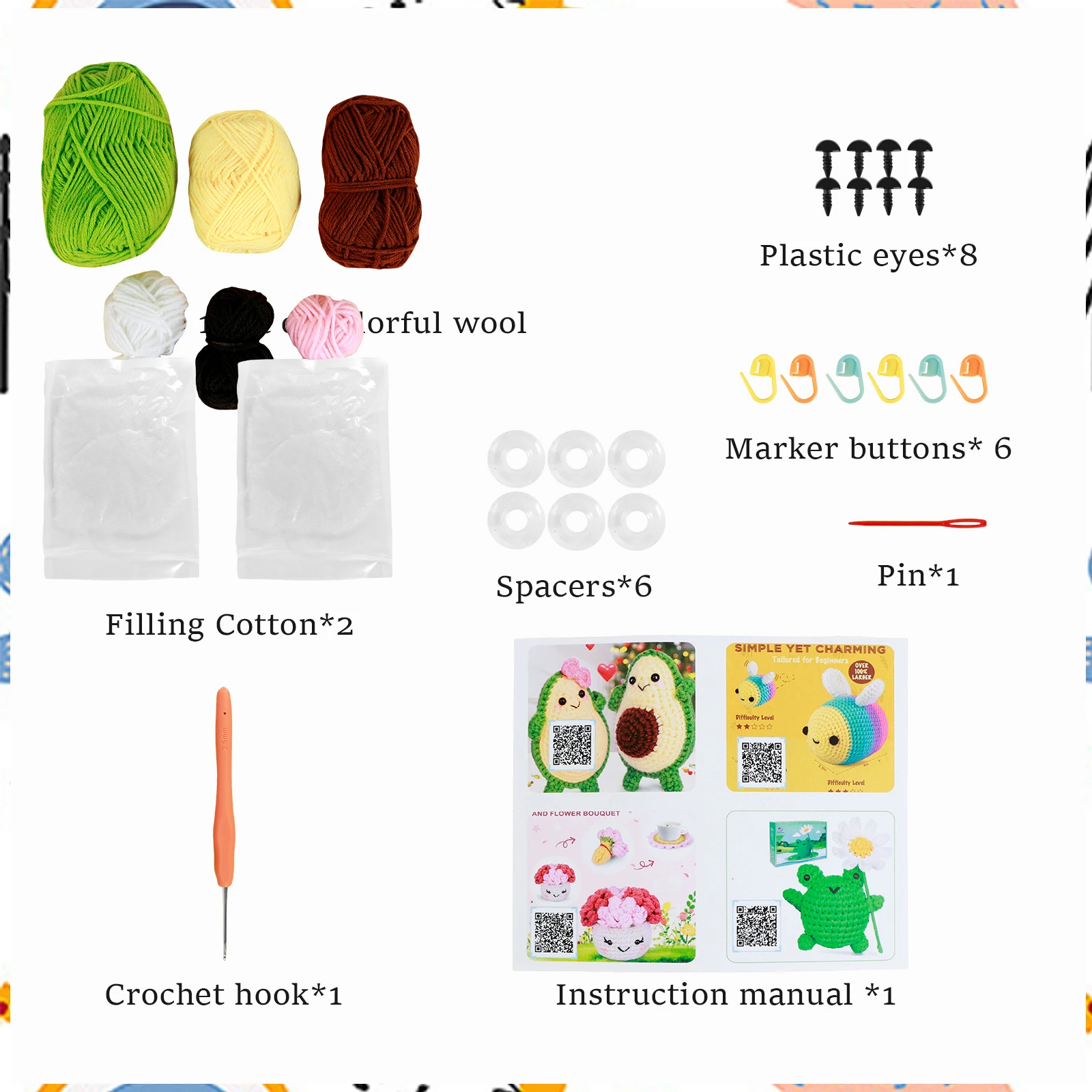 DIY Cute Cartoon Doll Crochet Tool Kit with Wool Stuffing Crochet Hooks Keychain Pendants with Step-by-Step Video Tutorials