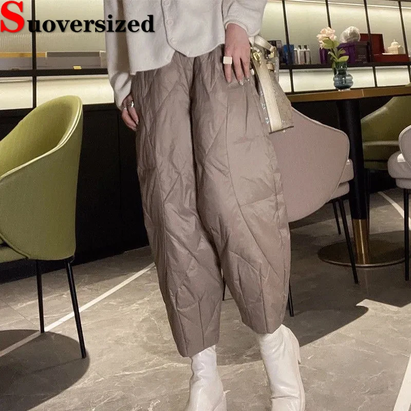 

Thicken Ankle-length Down Cotton Pants Casual Warm Straight Pantalones Winter Puffy Baggy Capris Baggy Women High Waist Trousers