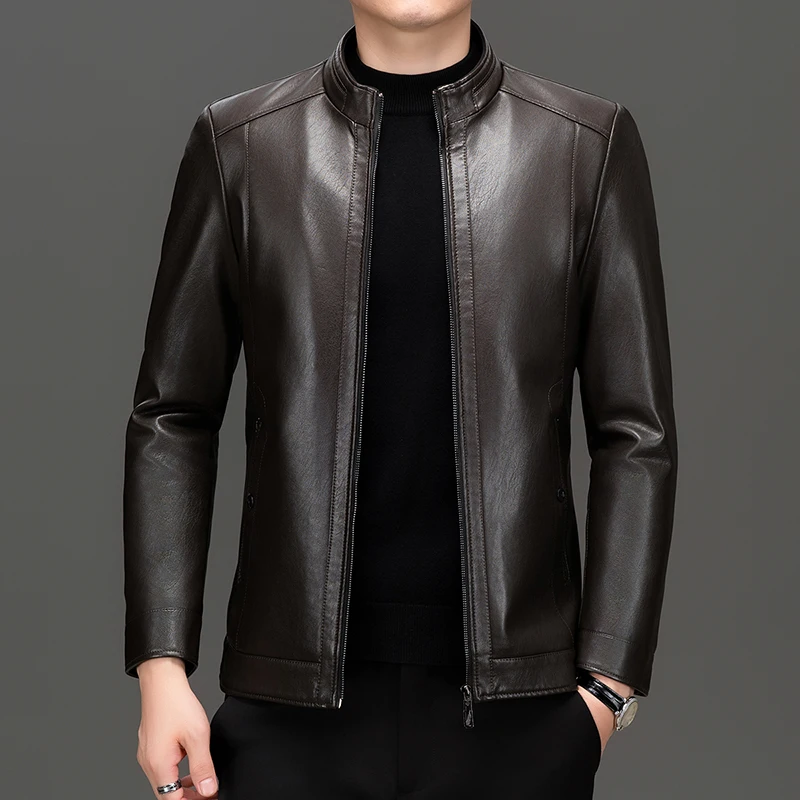 Stylish Men Autumn PU Leather Jacket Stand Collar Zip Front Faux Fur Coat Male Effortless Outerwear Fitting Outfit Smart Casual