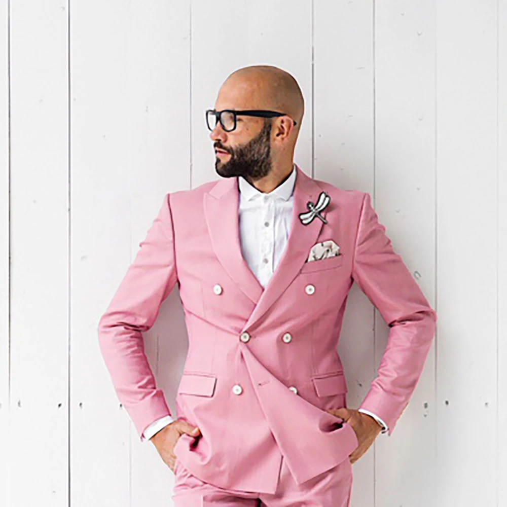 Terno rosa de 2 peças masculino com lapela pica, blazer de peito duplo, terno casual de noivo, jaqueta e calça de casamento, blazer elegante, verão