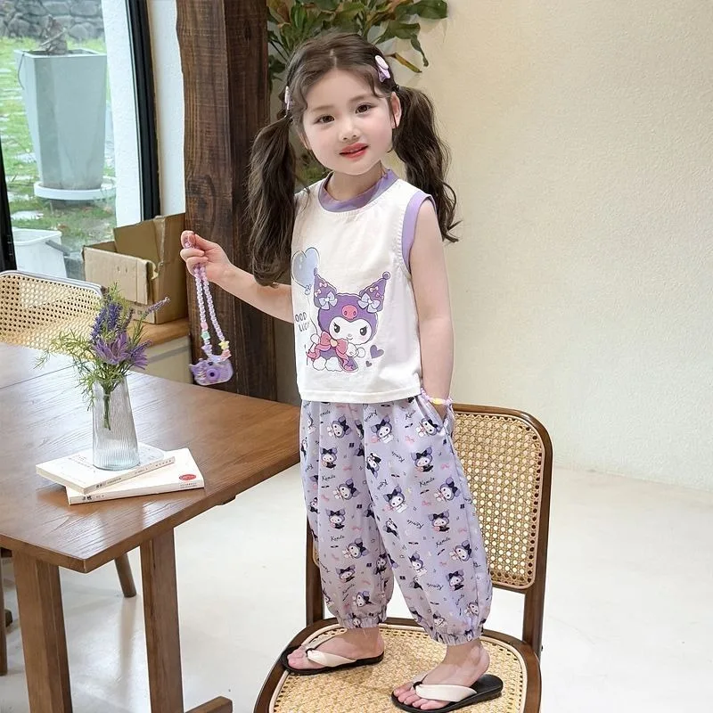 

Summer Kawaii Kuromi Anime Sanrio Baby Short Sleeve Shirt Pants Set Cute Children Vest Mosquito Repellent Pants Two-piece Toys