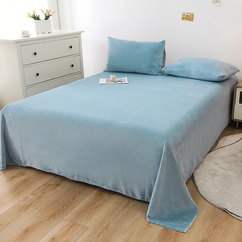Solid Color Milk Velvet Bed Sheet and Pillowcases Winter Warm Thick Flannel Flat Bedsheet Sets Double Size Soft Plush Bedspread
