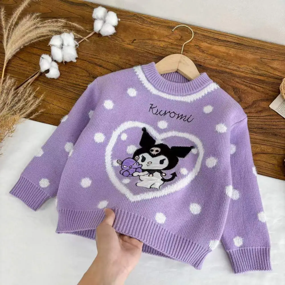 Anime Kuromi Sanrios Kid Sweater Autumn Winter Kawaii Knit Sweater Cartoon Children's Round Neck Pullover Warm Bottoming Sweater