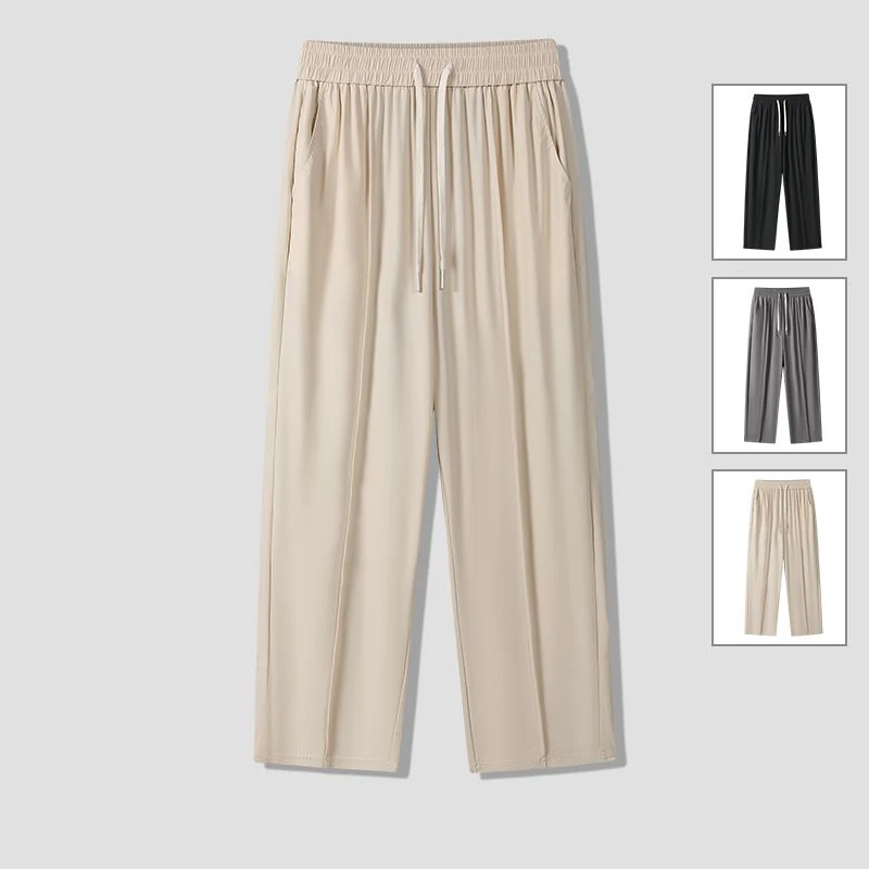

Elastic Drawstring Men Loose Straight Leg Ice Silk Ankle Length Pants Male Daily Comfortable Versatile Apricot Casual Trousers