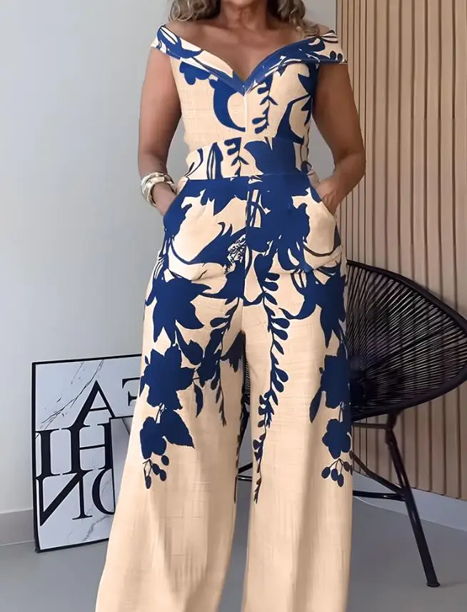 Women's Floral Print Plunge Casual Jumpsuit with Pocket Female One Shoulder Wear Summer New Woman Fashion Daily Long Jumpsuits