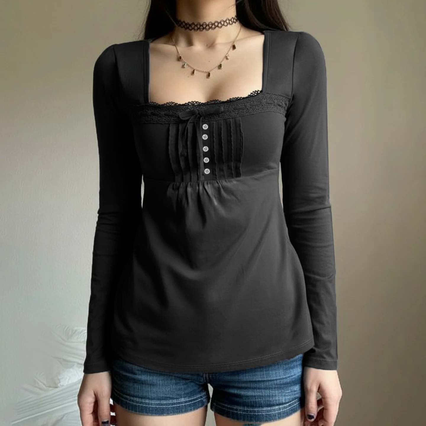 

Sweet Patchwork Lace Trim T-Shirt Casual Slim-Fitting Square Collar Long Sleeve Tees Women 2025 Autumn Sping Fashion Streetwear