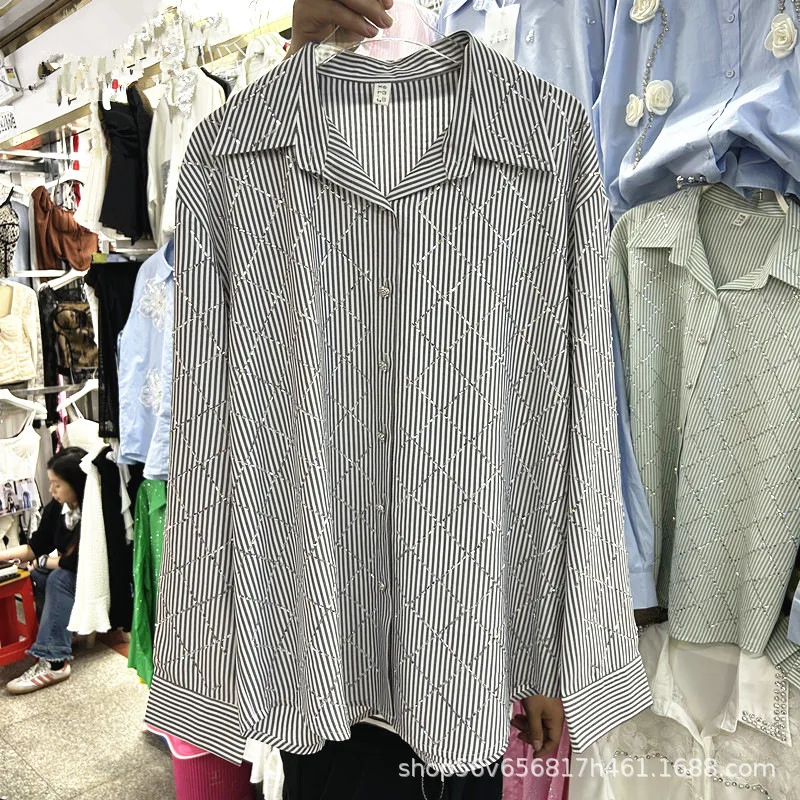 Women Hot Drilling Grids Diamonds Striped Shirts Casual Loose Plaids Crystal Blouse Long Sleeved Single Breasted Cardigan Tops