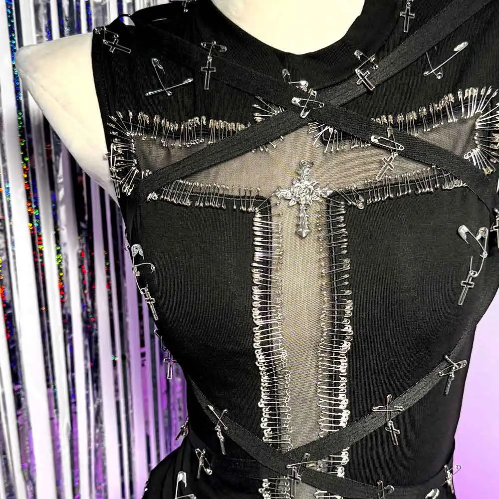 E-Girls Harajuku Teen Gothic Tank Goth Eco Vintage Cross Grunge Y2K TOPS Club Wear Pin Street Wear Glitch Core 90s Emo Punk Rock