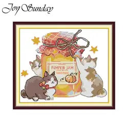 Joy Sunday Cross Stitch Kit Cat And Jam HD Pattern Printed Counted Fabric Aida Fabric 16/14/11CT DIY Embroidery Sets Home Decor