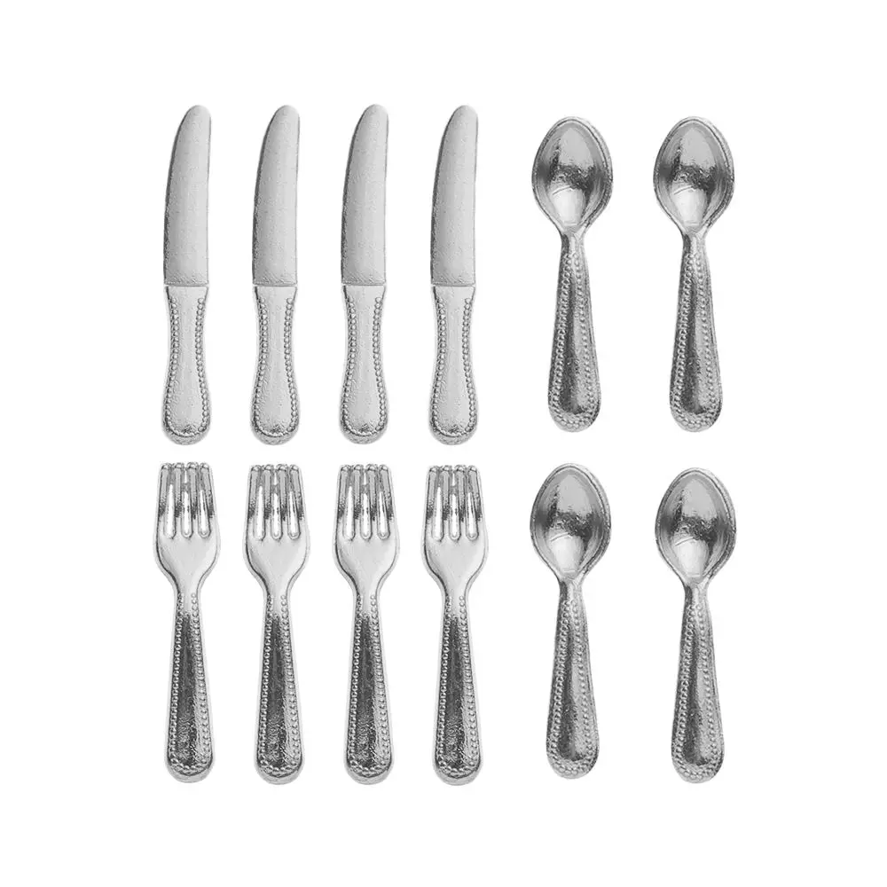 12PCS Gold Silver 1:12 Scale Simulation Toy Dollhouse Furniture Mini Cutlery Doll Accessory Fork Knife Spoon Miniature Cookware