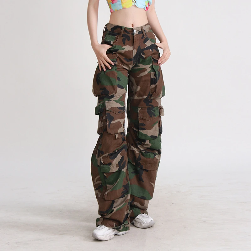 American Camouflage Cargo Pants New Vintage Large Pocket Casual Pants Loose High Waist Women Trousers Personalized Street Style