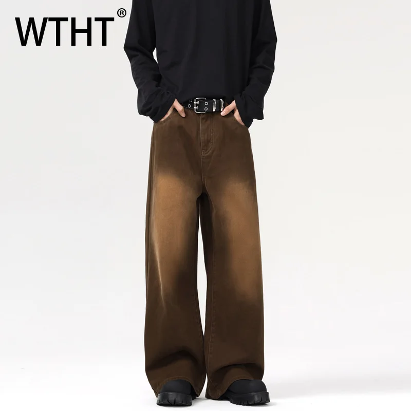

WTHT Fashion Men's Gradient Do Old Design Straight Denim Pants Vintage 2025 Summer High-waisted Loose Wide Leg Jeans Male 2A0667