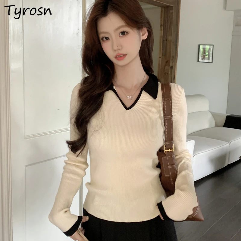 Panelled Pullovers Women Slim Fashion Knitted Tops Simple Leisure Tender Female Autumn Winter Streetwear All-match Sweaters Chic