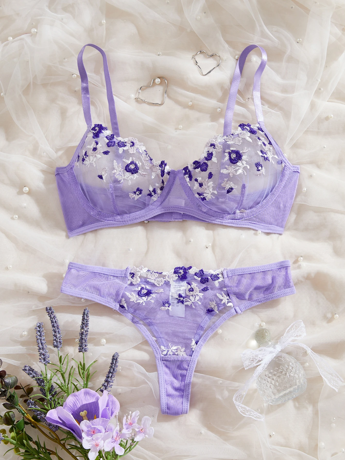 Purple Sexy Lingerie Woman Lace Transparent Underwear Fairy Embroidery Brief Sets Delicate Bra Panties Kits Erotic Breves Sets