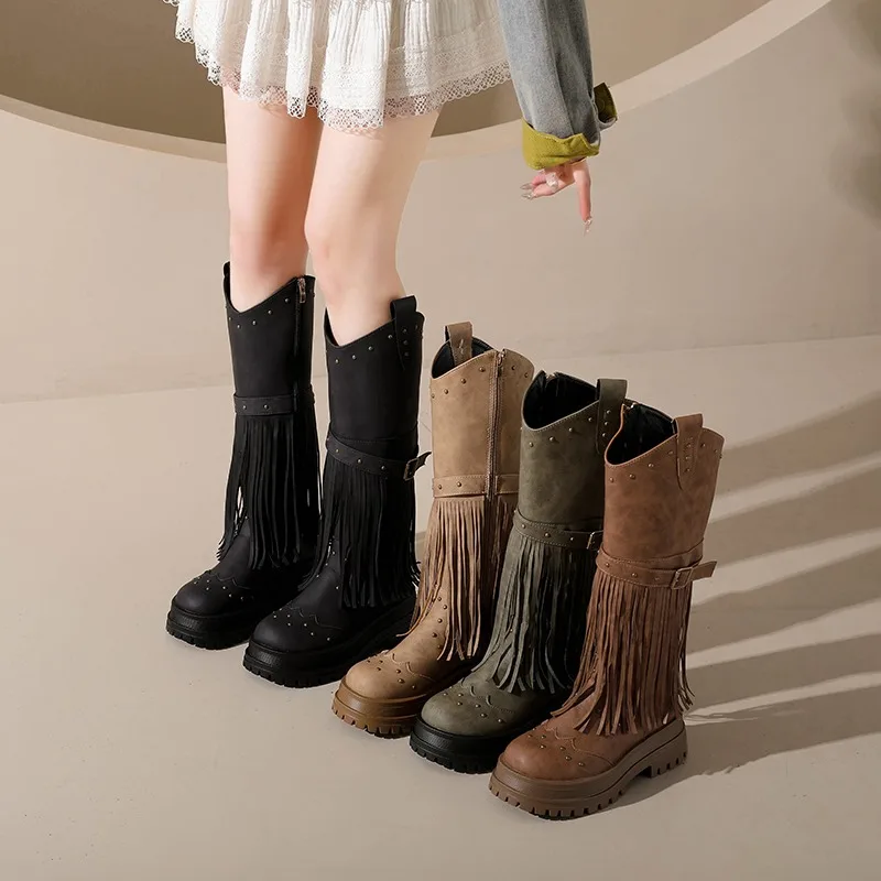 Vintage Tassel Suede Knee High Boots Women 2025 Winter Comfort Thick Bottom Western Cowboy Boots Metal Rivet Woman's Long Boots