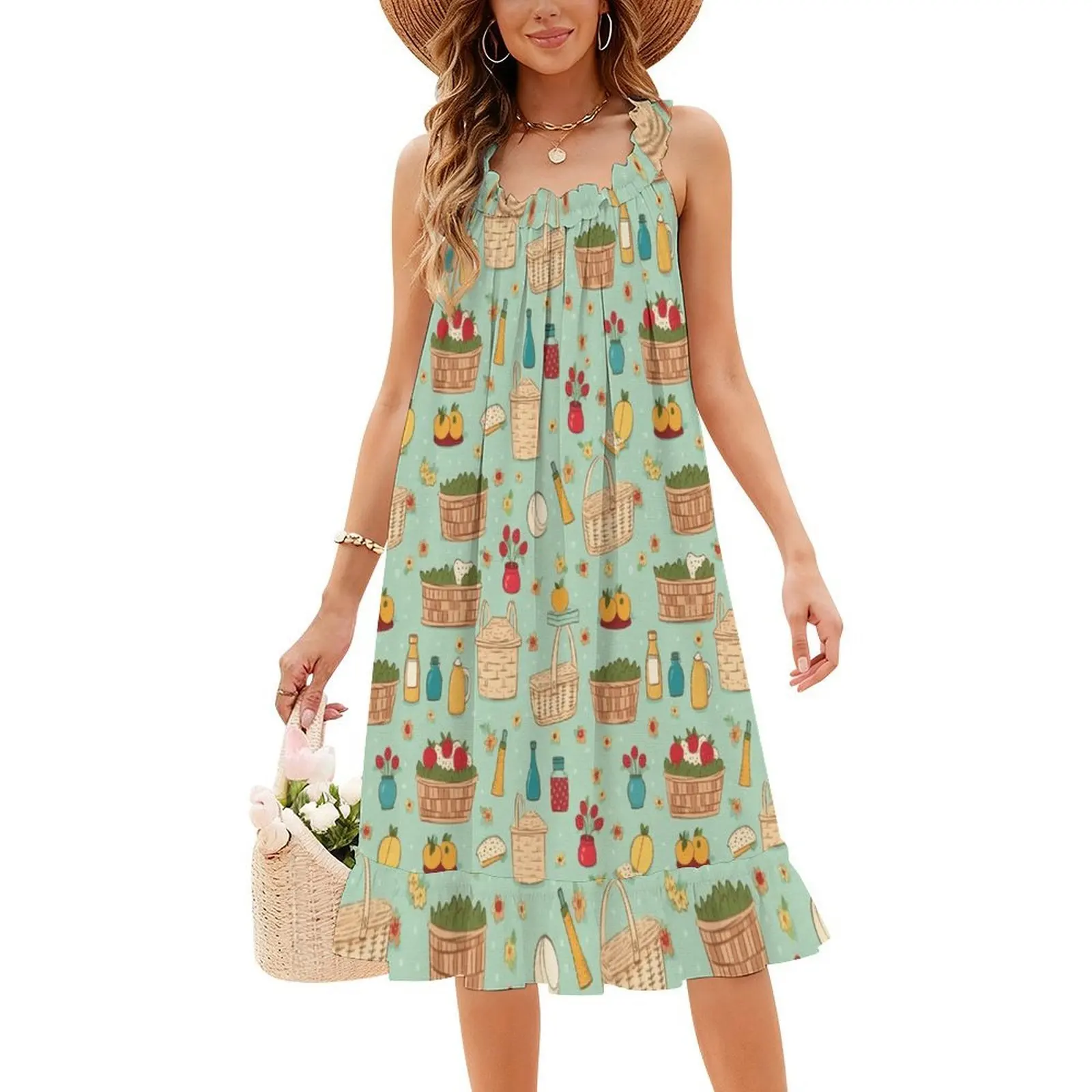 دعونا نذهب على نزهة فستان بوهيمي بدون أكمام متعدد المطبوعات لقضاء العطلات على الشاطئ فستان حفلات نزهة طعام فراولة حقل أخضر #4