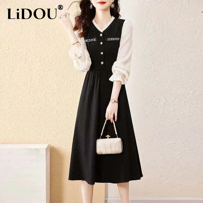 

Autumn Winter Office Lady Elegant Fashion Patchwork A-line Dress Women Long Sleeve Temperament Waist Dresses Vestidos De Fiesta