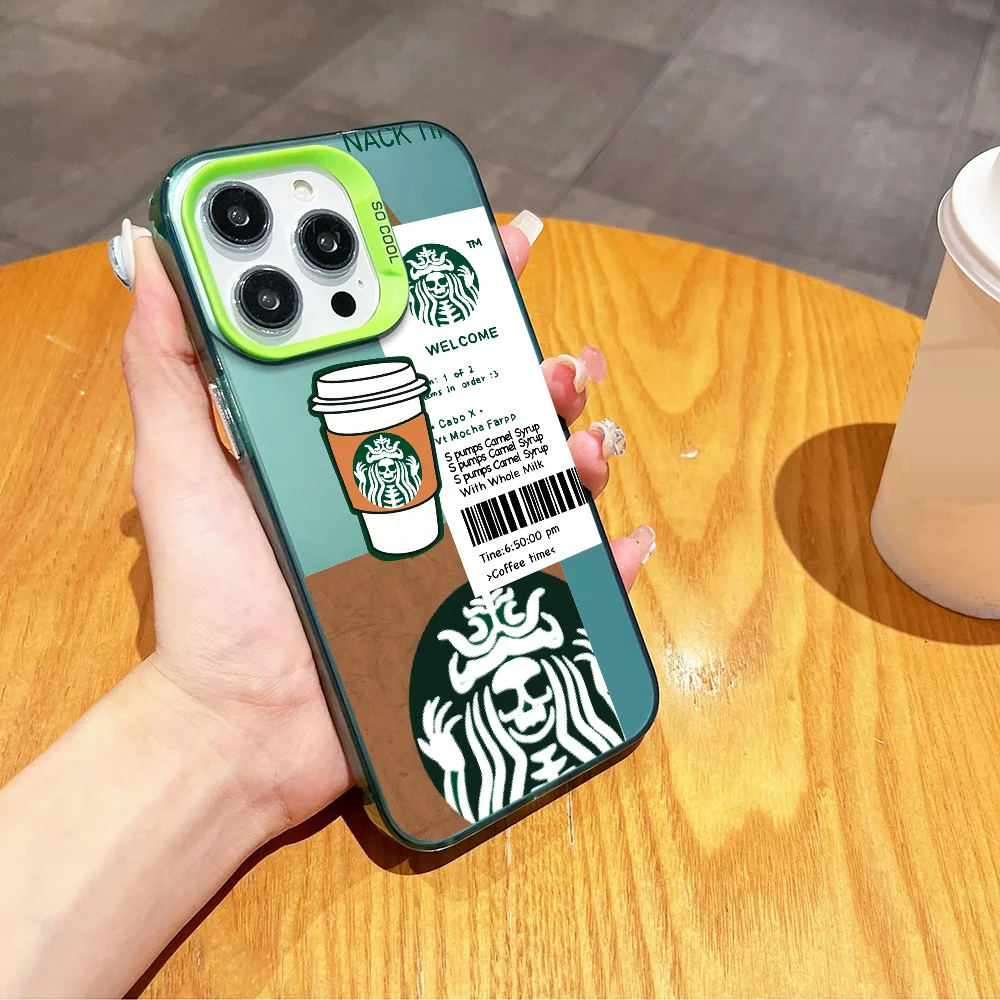 حافظة هاتف ماركة S-Starbucks FUNDA لهاتف iPhone 12 11 13 14 15 16 Max Pro Plus Mini Silver