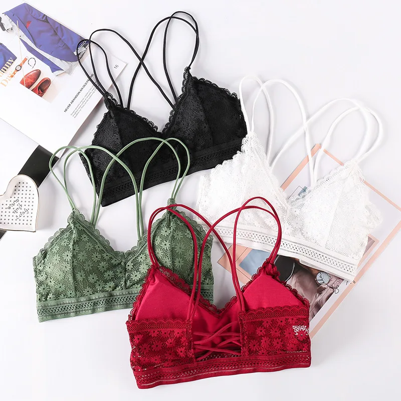 Women's Wireless Lace Bralette Sexy Lingerie Beauty Back Padded Bra Embroidery Floral Lace Brassiere Cross Straps Underwear