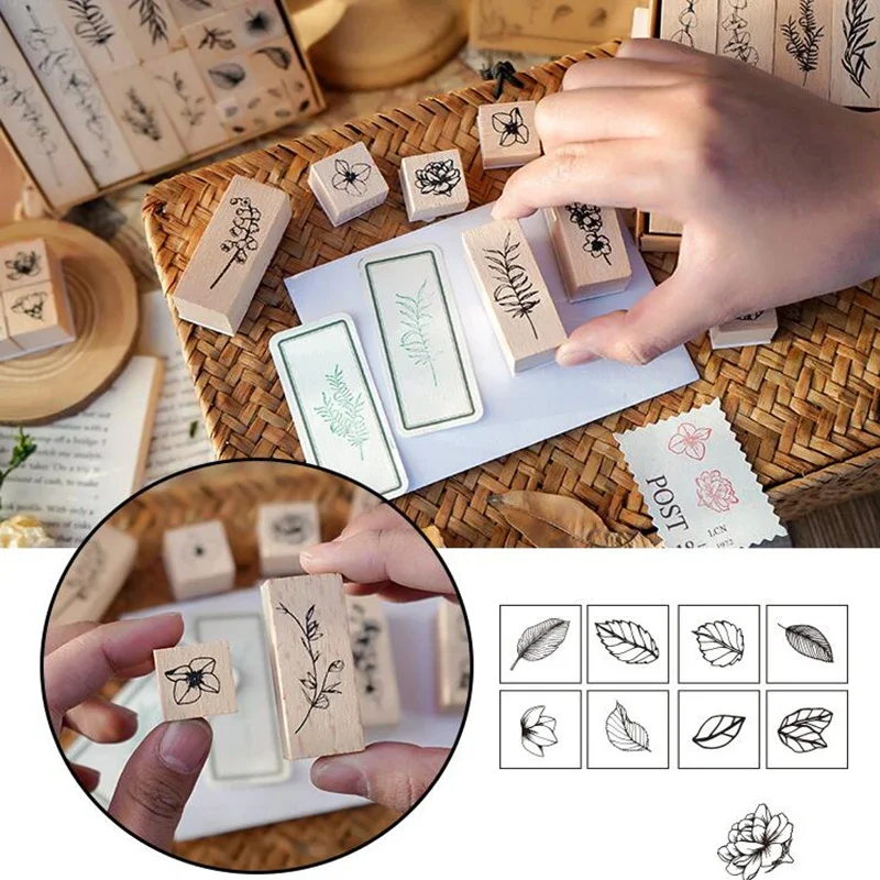 22pcs/set Wooden Rubber Stamps Vintage Plant Flower Stamps DIY Handmade Craft Scrapbooking Diary Planner Journal Decorations