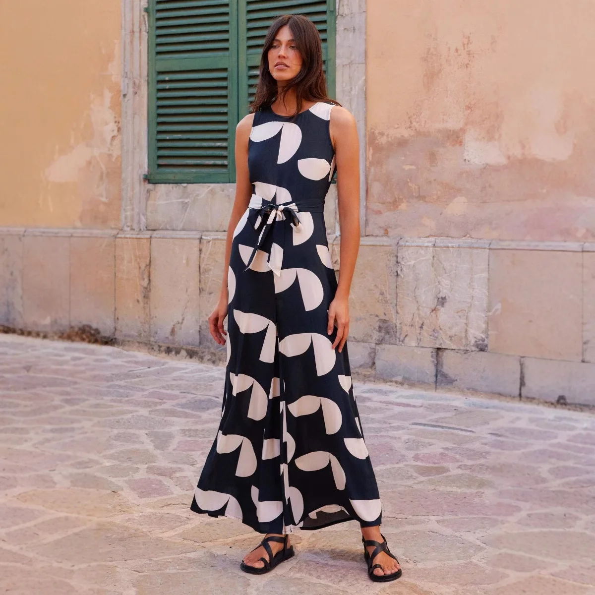 

Новинка лета 2025 года, модный круглый комбинезон с широкими штанинами и принтом Ne, с высокой талией, прямой крой, тонкий женский костюм из полиэстера