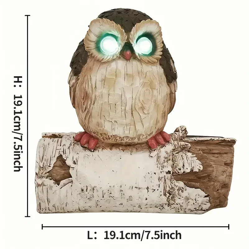 Rustic Resin Owl Tree Statue Realistic Owl Perched Log Green Eyes Wall-Mountable Outdoor Birdhouse Ornament Durable